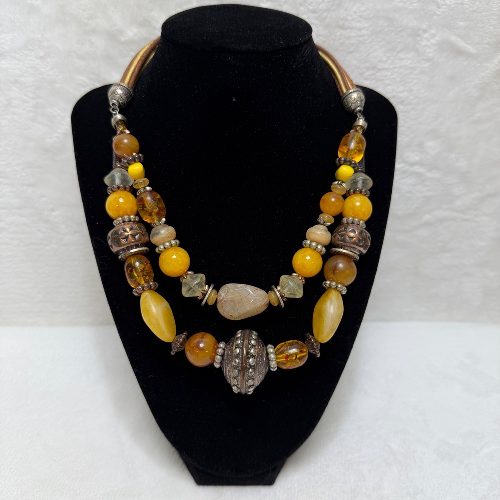 VTG Chicos Orange Yellow Amber Double Layer Bead Statement Necklace Boho Mature